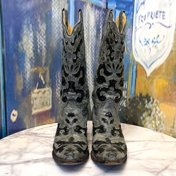 Corral Crater Sequin Inlay Cowboy Boots Snip Toe Western Black Gray 9.5 EUC - Picture 3 of 10